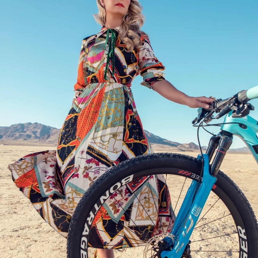 Dalia Macphee Tie Neck Printed Midi Dress.